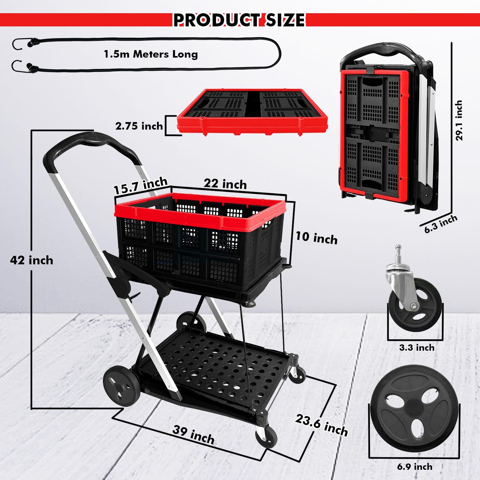 Collapsible Shopping Carts with Crates for Groceries (Black-198lbs)