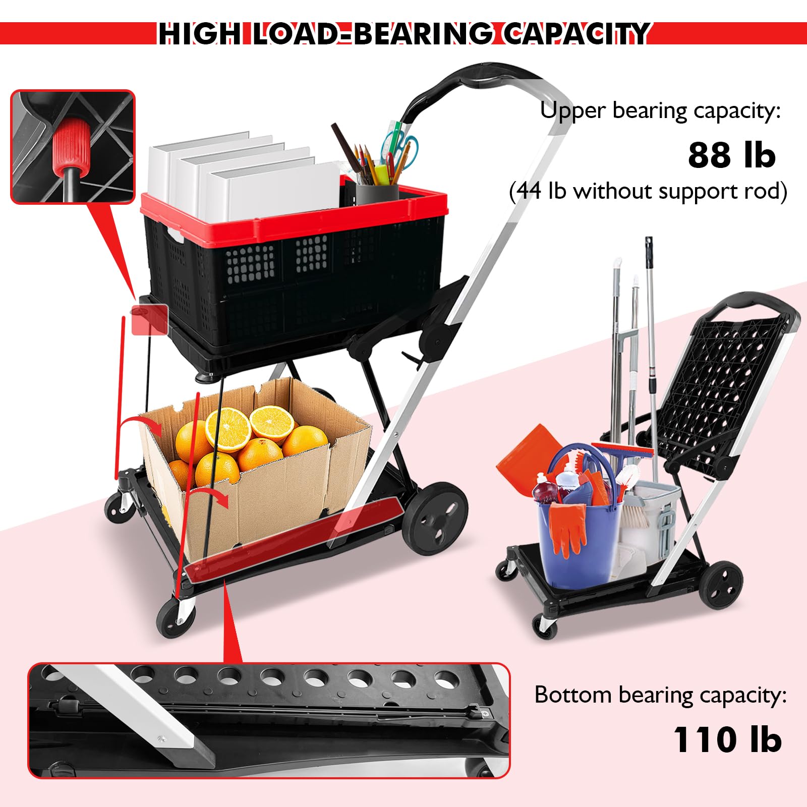 Collapsible Shopping Carts with Crates for Groceries (Black-198lbs)