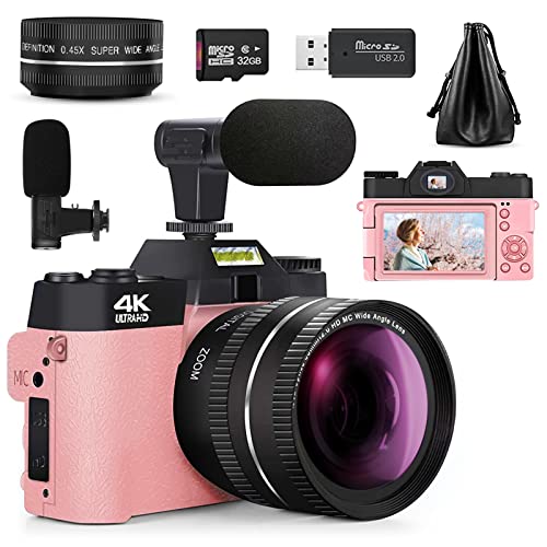 Mo nitech 4K Digital Cameras for Photography, 16X Digital Zoom Camera, Video Camera with Wide-Angle & Macro Lenses, Flip Screen vlogging Camera for YouTube, External Microphone, 32GB TF Card - Pink