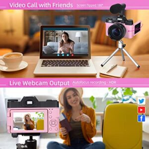 Mo nitech 4K Digital Cameras for Photography, 16X Digital Zoom Camera, Video Camera with Wide-Angle & Macro Lenses, Flip Screen vlogging Camera for YouTube, External Microphone, 32GB TF Card - Pink