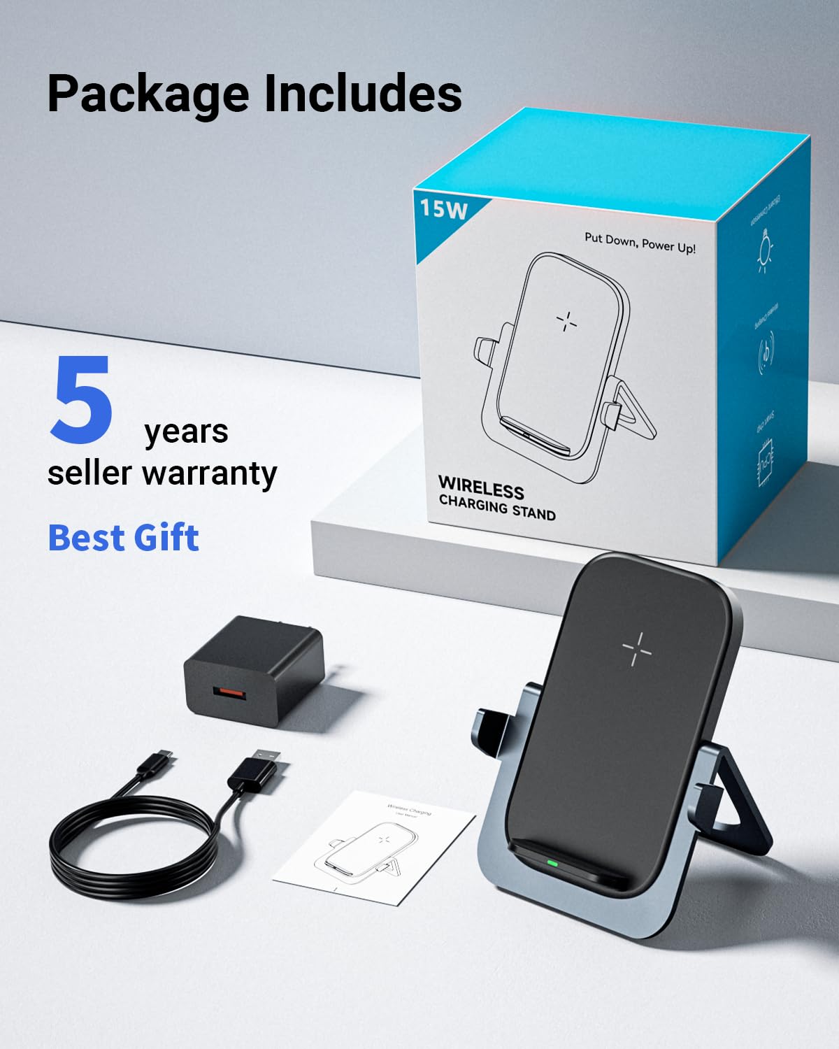 KPON Wireless Charging Stand,15W Fast Wireless Phone Charger for Thick Cases,Compatible with iPhone 15 14 13 12 11Pro Max/XR/XS Max/XS/X/8/8Plus Galaxy S22/S21/S9/S8(with QC Adapter)