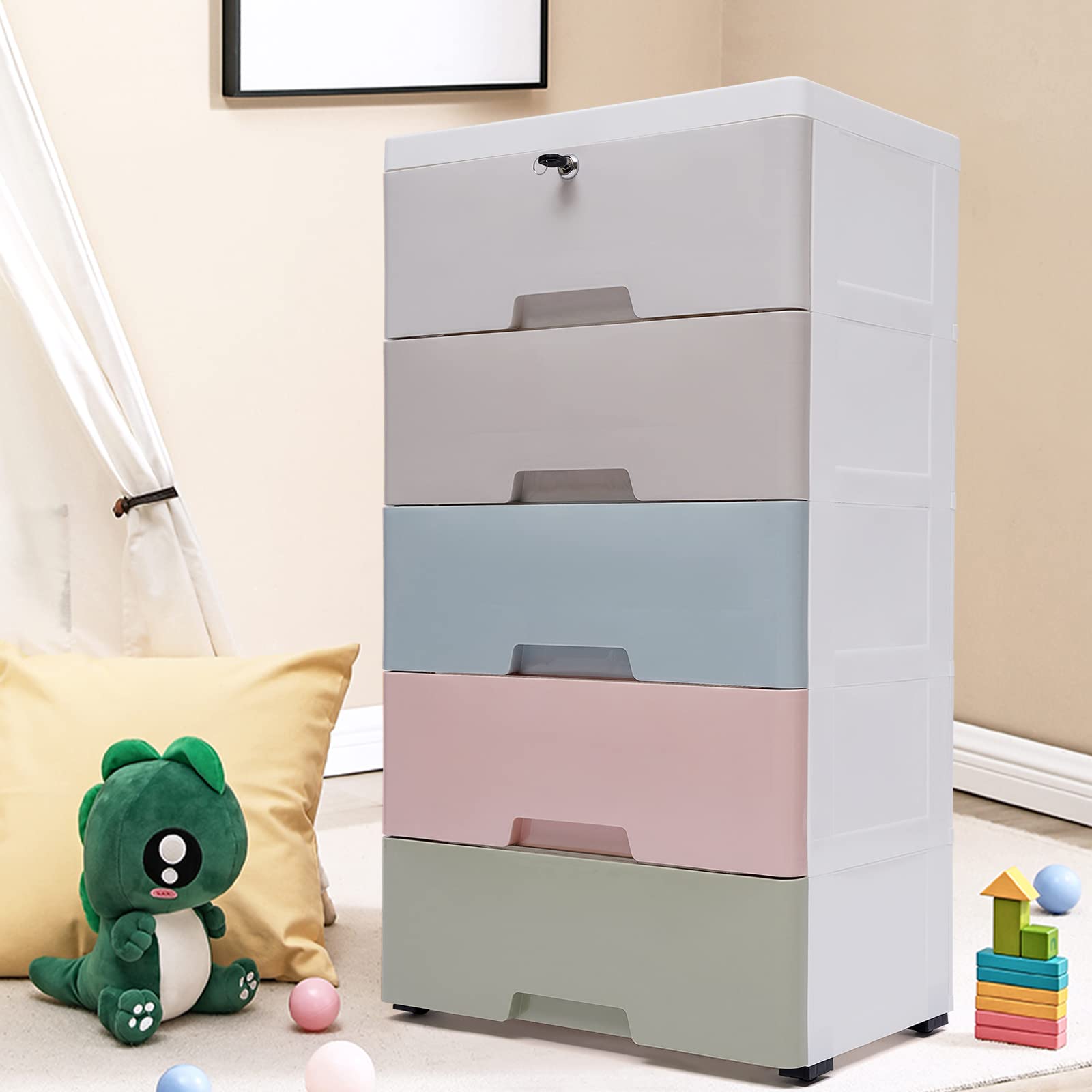 Plastic Drawer Storage Cabinet, 5 Layer Easy Pull Drawer Closet, Macaron Color with Lock, Easy Pull Handle, Removable Wheels, can Do Bedroom Cabinets, Living Room, Dining Room Storage