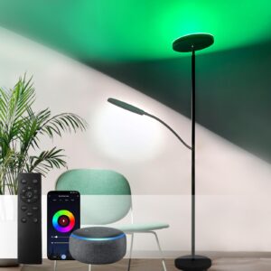 ovensty rgb floor lamp led modern corner floor lamps with reading light,dimmable floor lamps-tall standing pole lights with smart app & remote control for living room,bed room,office. (black)