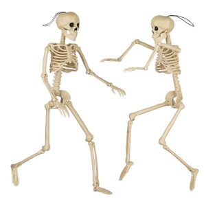 GoClimber 2 Packs Posable Halloween Skeletons, 16" Full Body Posable Joints Skeletons for Halloween Decoration, Graveyard Decorations, Haunted House Accessories, Spooky Scene Party Favors