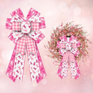 hying large breast cancer awareness bows for wreath, pink plaid pink ribbon wreath bow for front door, breast cancer wreath bows for party decor indoor wall fight cancer decoration supplies ornament