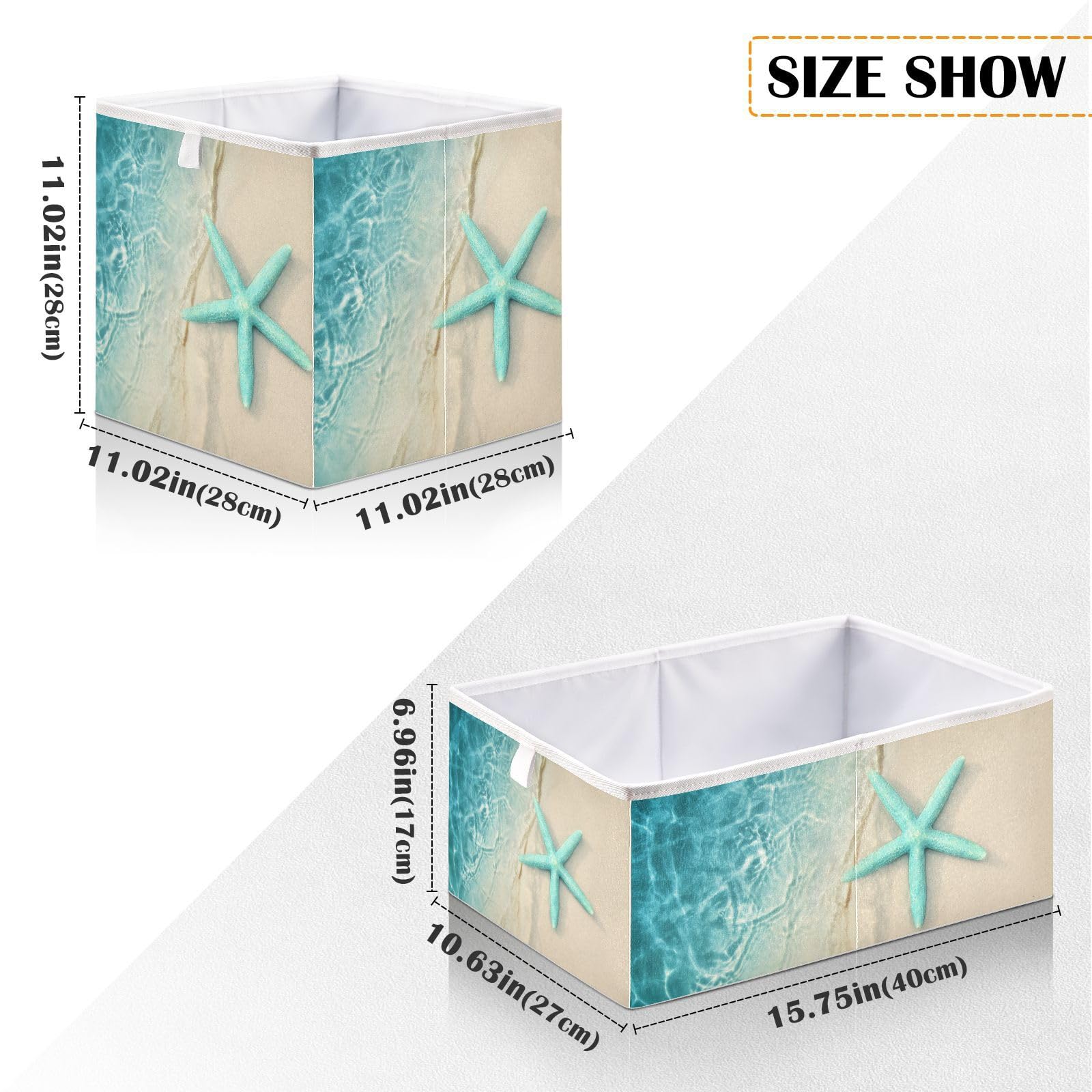 QUGRL Ocean Beach Starfish Cube Storage Bins Organizer Sea Water Wave Clothes Toy Storage Basket Box for Shelves Closet Cabinet Office Dorm Bedroom 11x11 in