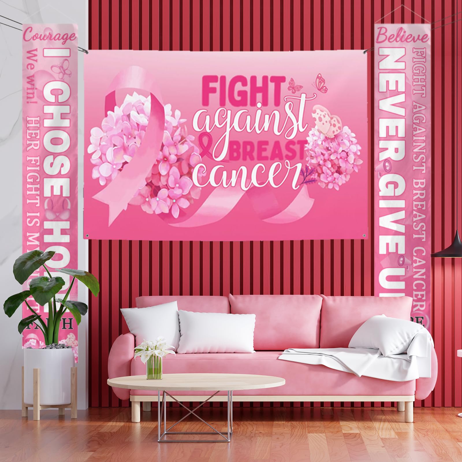 Breast Cancer Awareness Gifts for Women - Pink Ribbon Banner and Breast Cancer Backdrop Set for Outdoor Indoor Party Background Decorations