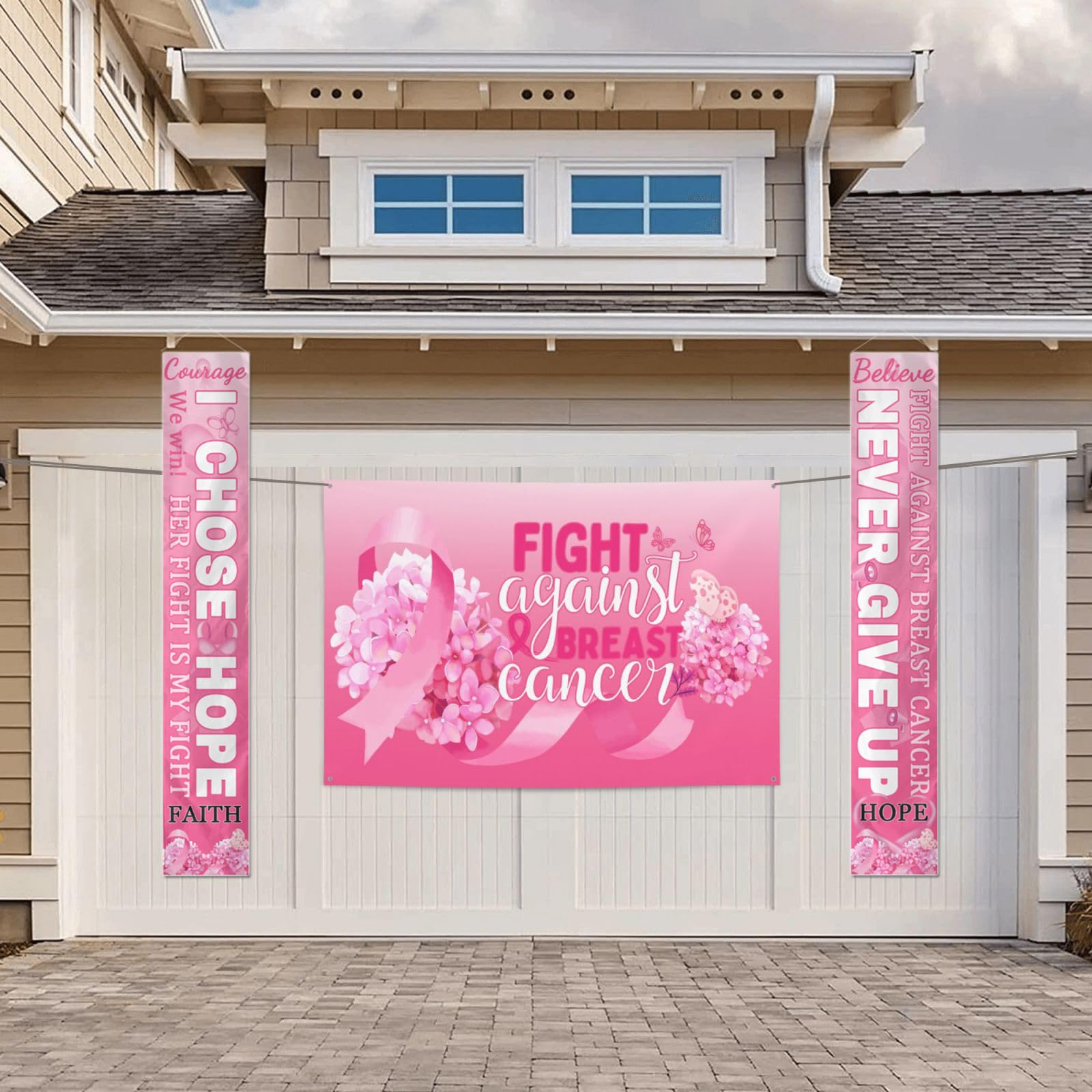 Breast Cancer Awareness Gifts for Women - Pink Ribbon Banner and Breast Cancer Backdrop Set for Outdoor Indoor Party Background Decorations