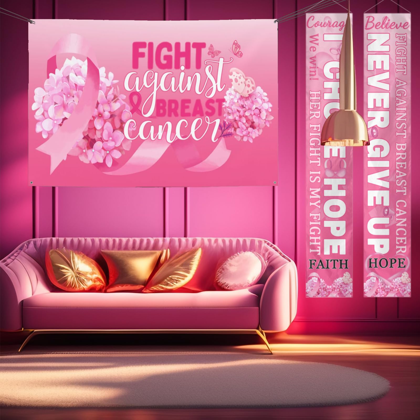 Breast Cancer Awareness Gifts for Women - Pink Ribbon Banner and Breast Cancer Backdrop Set for Outdoor Indoor Party Background Decorations