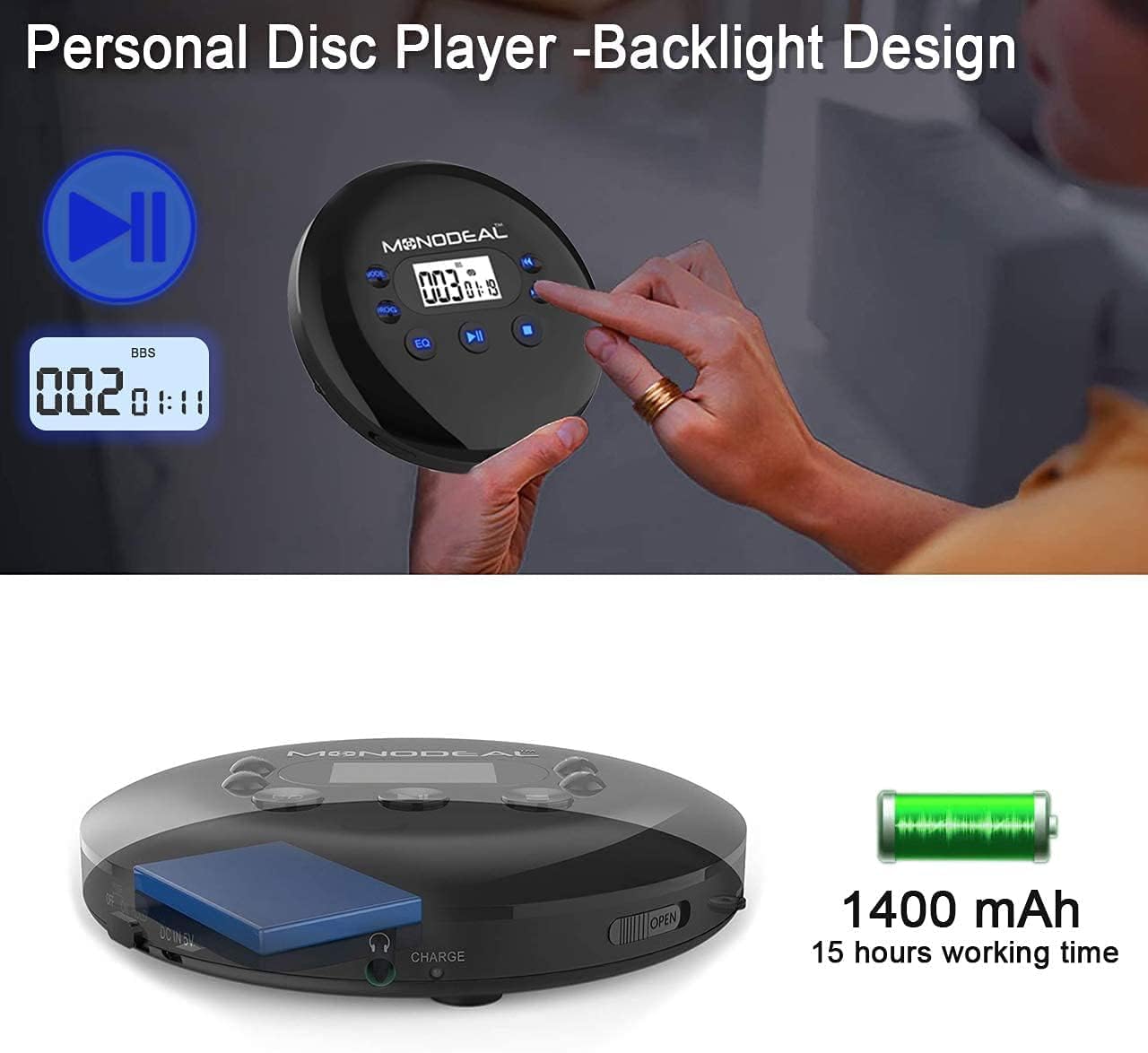 【𝟐𝟎𝟐4 𝐔𝐩𝐠𝐫𝐚𝐝𝐞𝐝】 CD Player Portable, MONODEAL Portable CD Player with Headphones,Small Personal CD Player with LCD Display,Anti-Skip/Shockproof, Rechargeable Walkman CD Player for Car