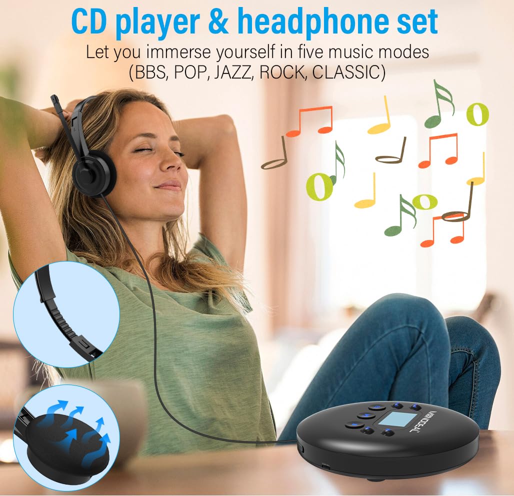 【𝟐𝟎𝟐4 𝐔𝐩𝐠𝐫𝐚𝐝𝐞𝐝】 CD Player Portable, MONODEAL Portable CD Player with Headphones,Small Personal CD Player with LCD Display,Anti-Skip/Shockproof, Rechargeable Walkman CD Player for Car