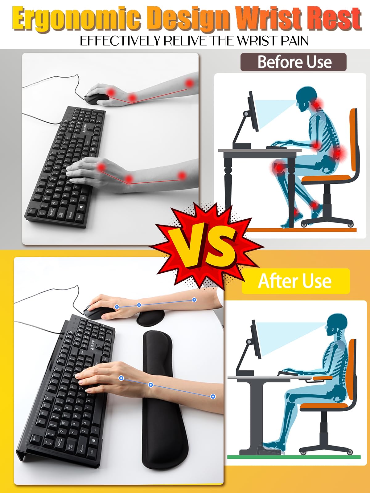 Kalolary 3Pcs Black Acrylic Tilted Computer Keyboard Holder with Mouse & Keyboard Wrist Rest Pad, Computer Keyboard Stand Set for Easy Ergonomic Typing for Office Desk, Home, School
