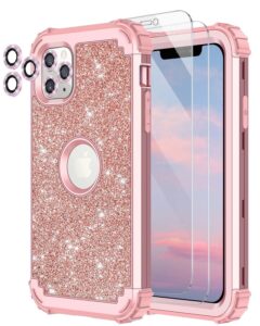 lontect for iphone 11 pro max case glitter sparkly bling 3 in 1 shockproof heavy duty full body sturdy protective case for apple iphone 11 pro max with 2 screen protector+2 camera protector,rose gold