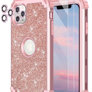 LONTECT for iPhone 11 Pro Max Case Glitter Sparkly Bling 3 in 1 Shockproof Heavy Duty Full Body Sturdy Protective Case for Apple iPhone 11 Pro Max with 2 Screen Protector+2 Camera Protector,Rose Gold