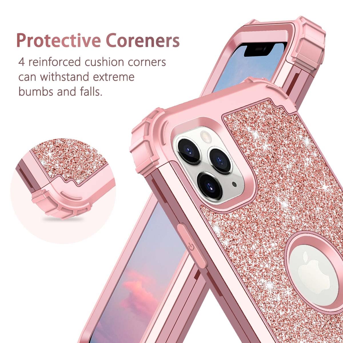 LONTECT for iPhone 11 Pro Max Case Glitter Sparkly Bling 3 in 1 Shockproof Heavy Duty Full Body Sturdy Protective Case for Apple iPhone 11 Pro Max with 2 Screen Protector+2 Camera Protector,Rose Gold