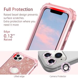 LONTECT for iPhone 11 Pro Max Case Glitter Sparkly Bling 3 in 1 Shockproof Heavy Duty Full Body Sturdy Protective Case for Apple iPhone 11 Pro Max with 2 Screen Protector+2 Camera Protector,Rose Gold