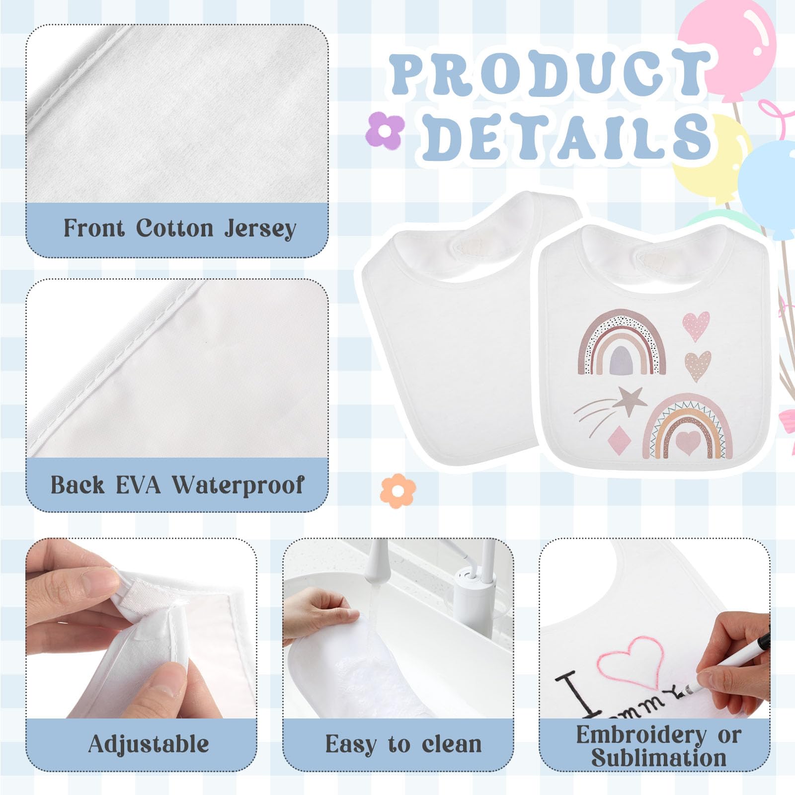 Toulite 50 Pcs White Bibs for Baby Washable Reusable Waterproof Feeder Bibs Cotton Baby Bibs with Double Sided Design for Fabric Markers Embroidery