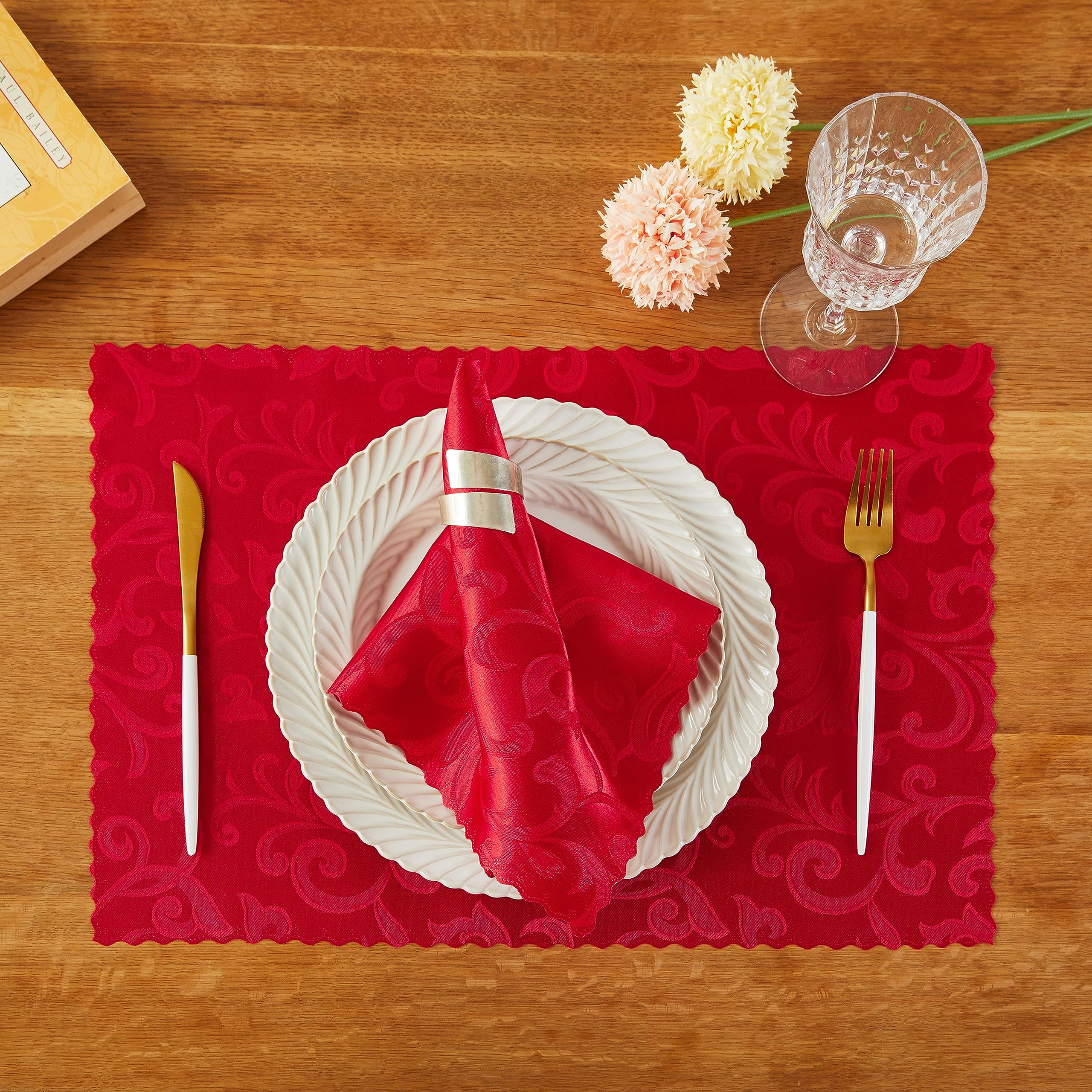 HommxJF 4 Pieces Wave Scroll Damask Jacquard Red Placemats,13 x 19 inch Protect Surface Heat and Stain Resistant Dinner Mats