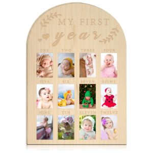 hongpar my first year photo display wood board baby's first year photo frame milestone board 12 months baby picture frame 1st birthday nursery decorations for boy girl baby keepsake gift for mom