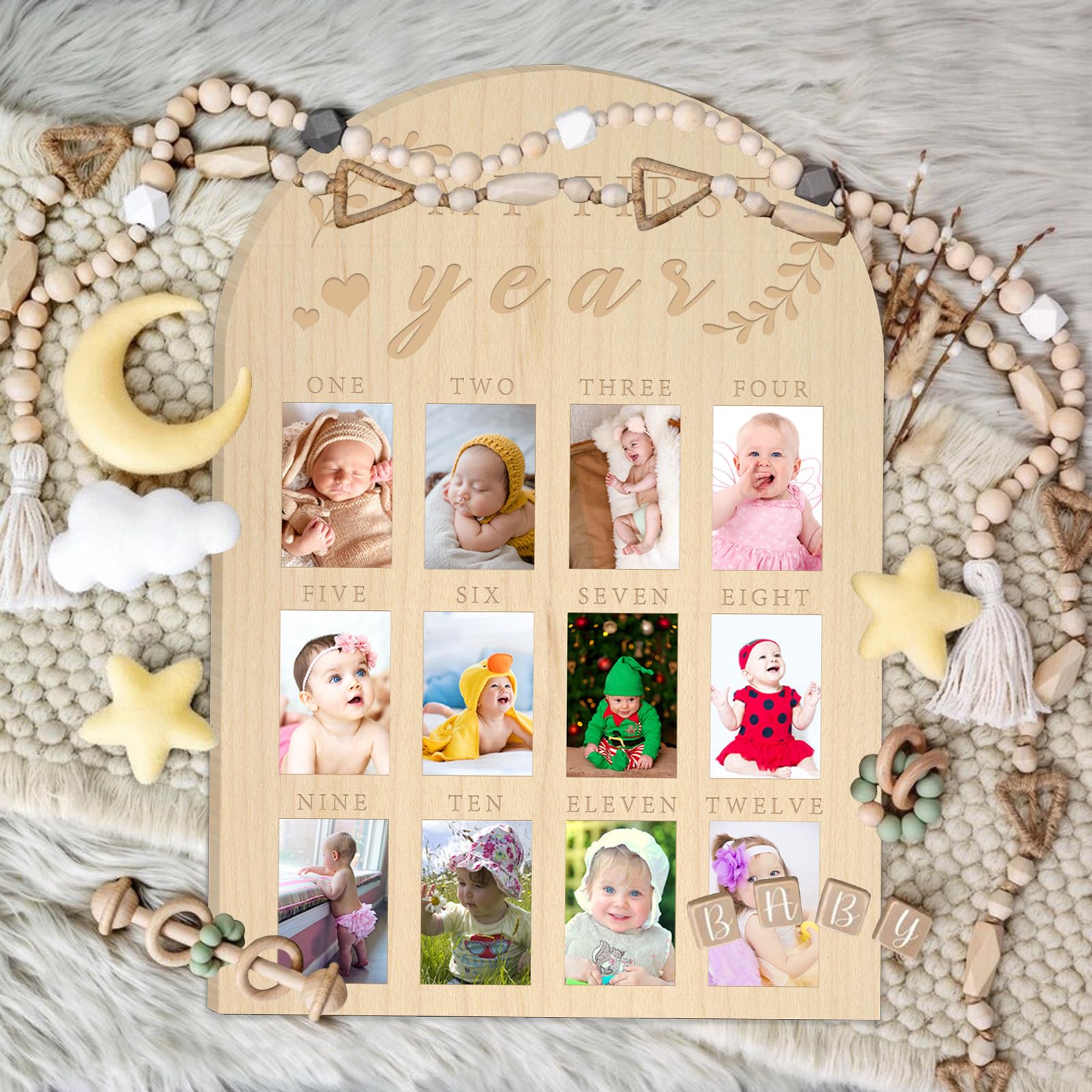 hongpar My First Year Photo Display Wood Board Baby's First Year Photo Frame Milestone Board 12 Months Baby Picture Frame 1st Birthday Nursery Decorations for Boy Girl Baby Keepsake Gift for Mom