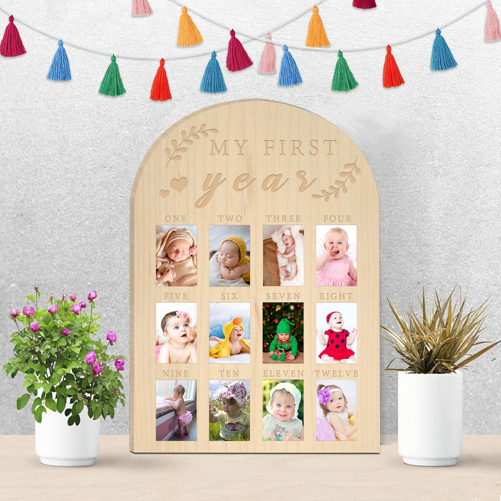 hongpar My First Year Photo Display Wood Board Baby's First Year Photo Frame Milestone Board 12 Months Baby Picture Frame 1st Birthday Nursery Decorations for Boy Girl Baby Keepsake Gift for Mom