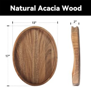 Acacia Wood Serving Tray with Handles - 17"x13" Round, Decorative Ottoman Tray for Living Room, Coffee Table, Breakfast in Bed, Candle Display