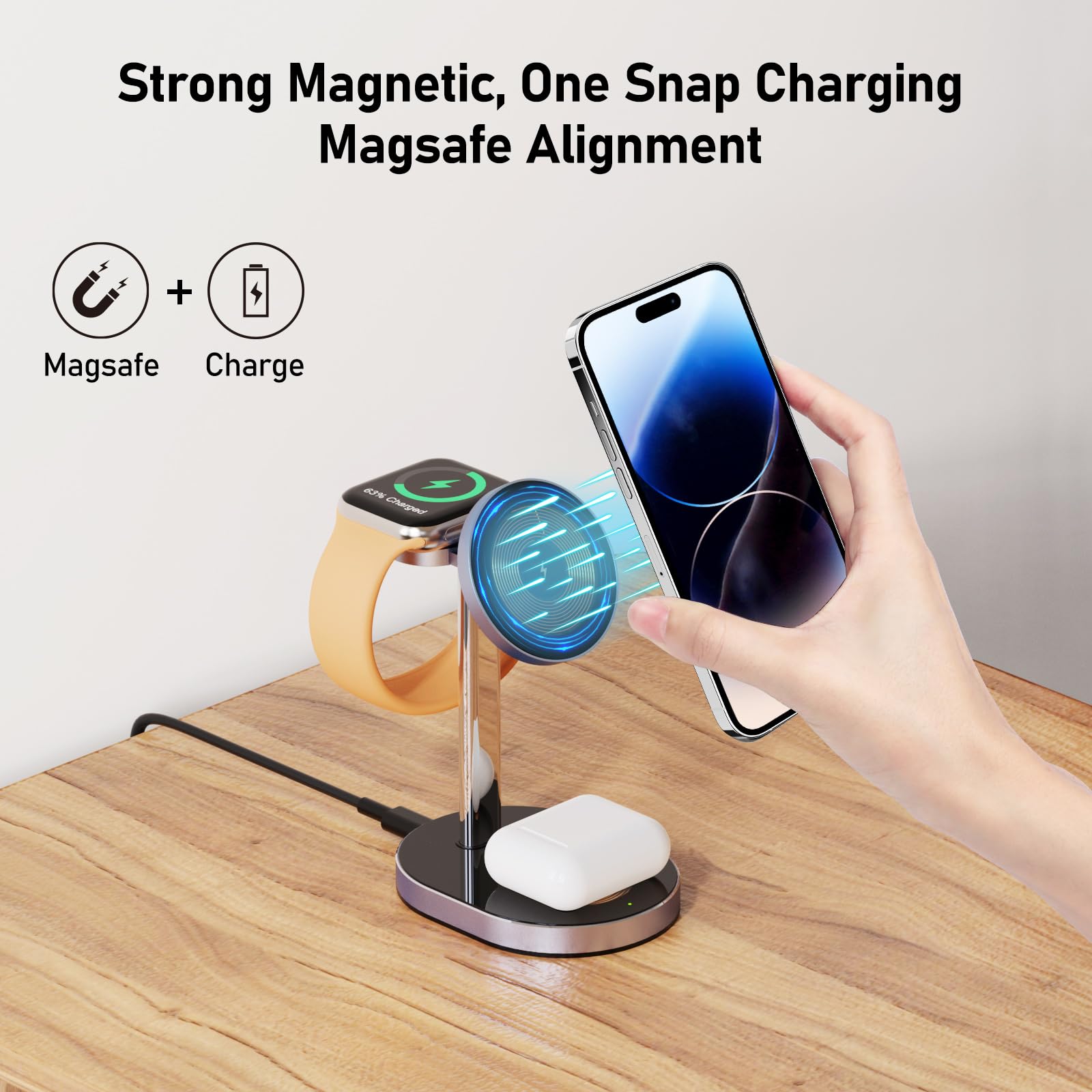 3 in 1 Wireless Charging Station for Apple Devices, 15W Wireless Charger Stand Fast Charging with 20W Adapter for iPhone 15 14 13 12 Pro Max/Plus/Pro/Mini,iWatch Ultra 1,2 Series 9, AirPod (Black)