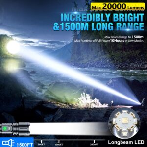 Flashlights 20000 High Lumens Rechargeable - 1500 Meters Long Beam Super Bright LED Flash Light with Power Display & IPX5 Waterproof for Camping, 20H Runtime,5 Modes,Zoomable Handheld Flashlight