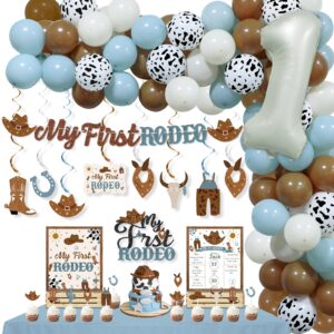 cowboy 1st birthday party decorations, my first rodeo birthday party supplies boy, blue cow balloons arch, my first rodeo banner, hanging swirl, cake topper&party sign for cowboy birthday baby shower