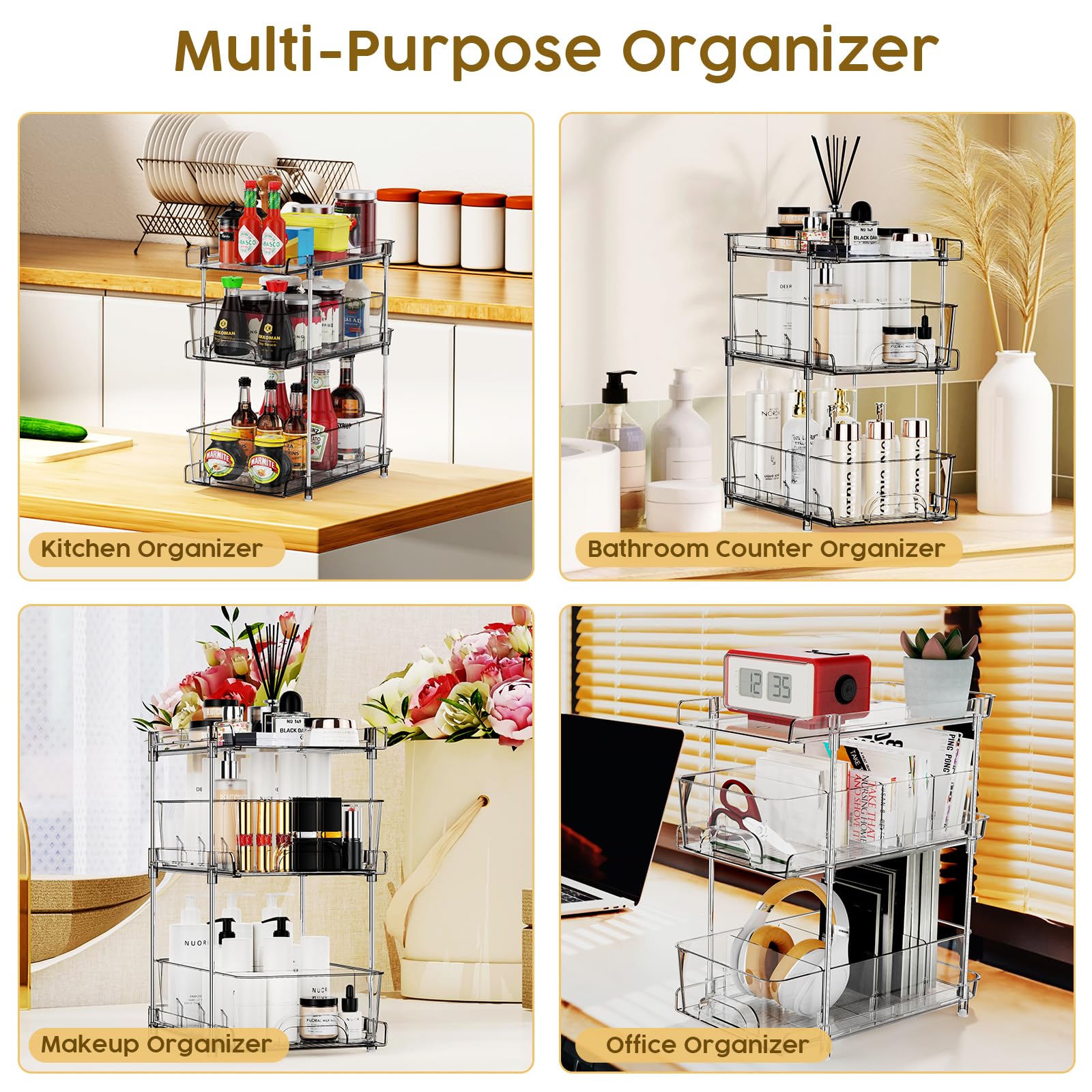 UINOFLE 3 Tier Clear Bathroom Organizers with Dividers, 3 Tier Under Sink Organizer Multi-Purpose Pull Out Cabinet Organizer for Bathroom Kitchen Pantry Storage, Medicine Cabinet Organizer