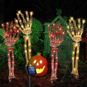 halloween decorations,4 pack solar powered glowing skeleton arm stakes, scary skeleton halloween decor, arms crawling out of patio walkway, indoor outdoor party, lawn yard garden