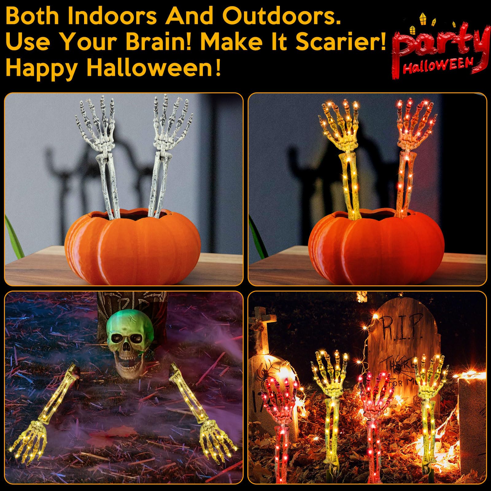 Halloween Decorations,4 Pack Solar Powered Glowing Skeleton Arm Stakes, Scary Skeleton Halloween Decor, Arms Crawling Out of Patio Walkway, Indoor Outdoor Party, Lawn Yard Garden