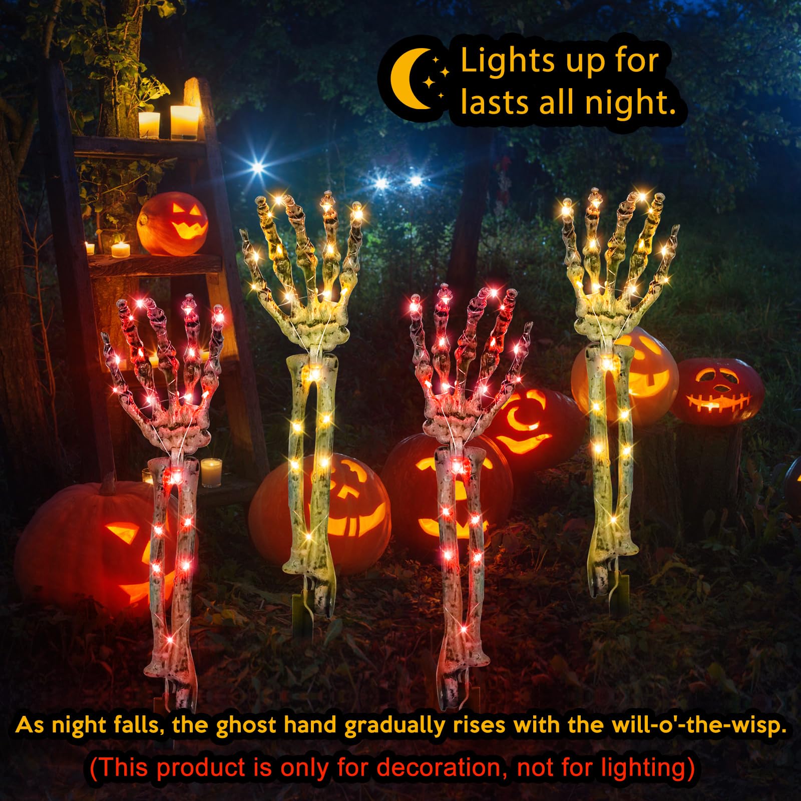 Halloween Decorations,4 Pack Solar Powered Glowing Skeleton Arm Stakes, Scary Skeleton Halloween Decor, Arms Crawling Out of Patio Walkway, Indoor Outdoor Party, Lawn Yard Garden