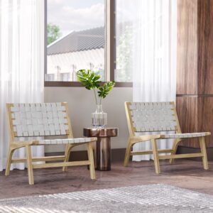 belleze woven faux leather accent chair set of 2, boho mid century modern lounge chair with solid wood frame, 300lbs, armless side reading chair for living room, bedroom, patio - morgan (white)