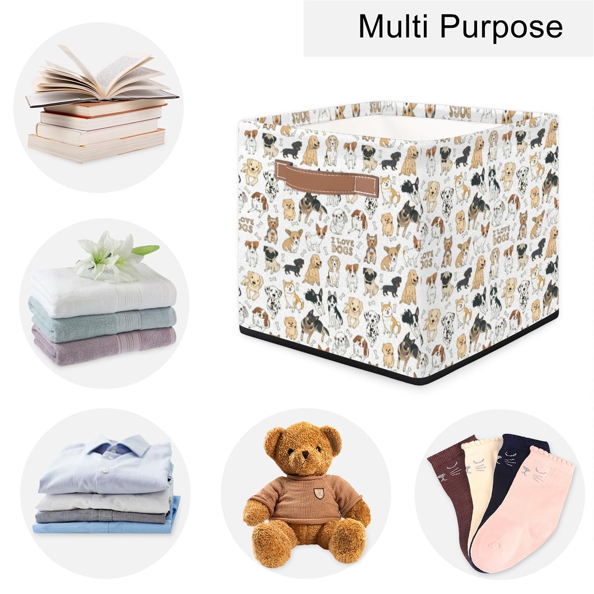 Fzsopd Storage Basket Cute Cartoon Dog Print Canvas Toy Storage Boxes Collapsible Storage Bin Storage Cube Box with Handles for Shelf Closet Bedroom Home Office