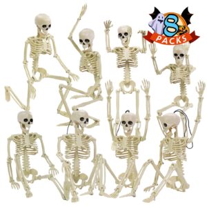 fkwin small skeleton halloween decoration outdoor(8 packs), 16" halloween skeleton with posable joints, full body little skeleton figure, mini plastic skeleton for halloween decor, tiny skeleton