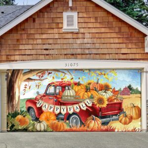 preboun fall thanksgiving garage door banner 6 x 13ft extra large red car pattern happy fall garage door decorations backdrop with string pumpkins garage door cover for outside party wall window yard