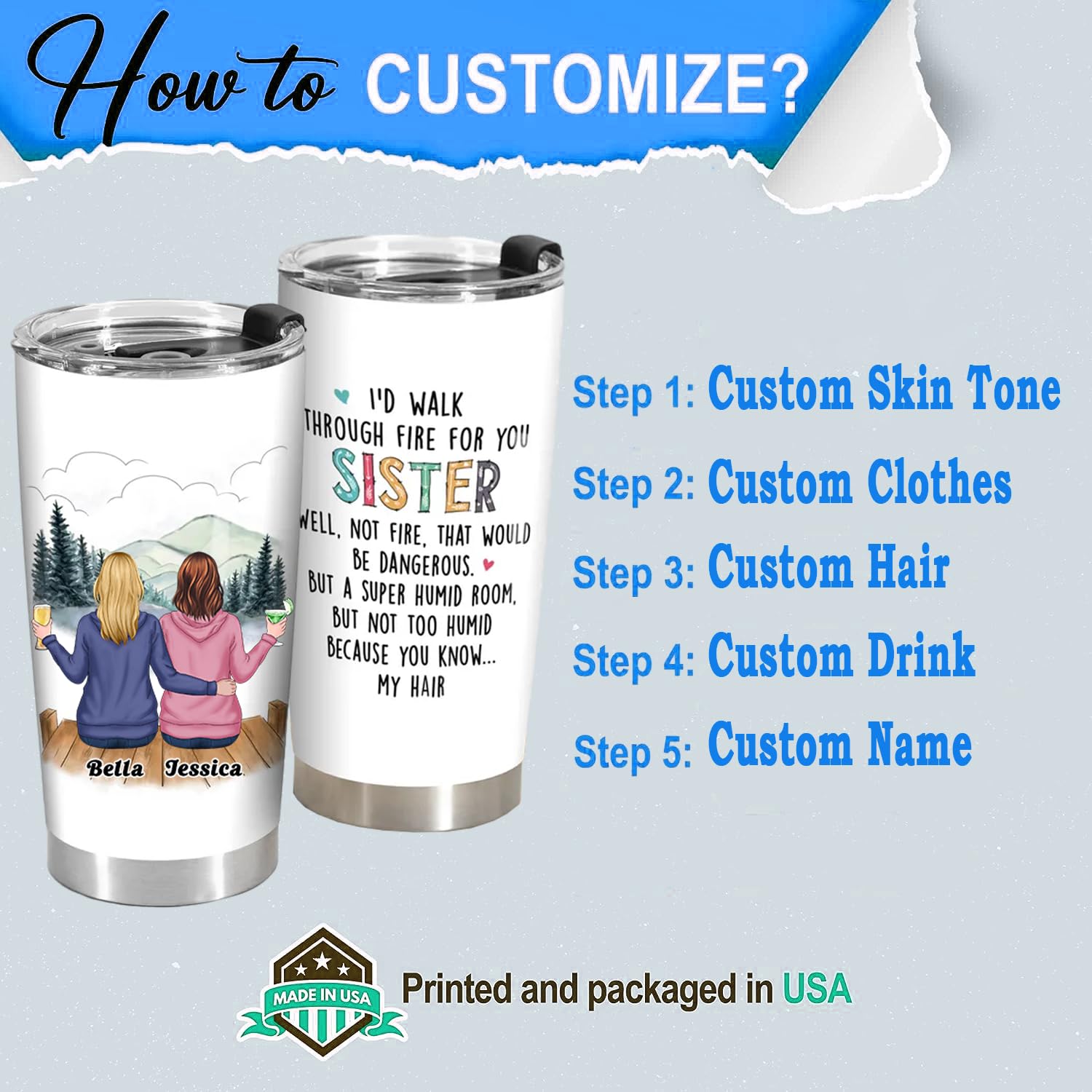 Personalized I'D Walk Through Fire For You Sister Tumbler Custom Best Friend Travel Mugs, Friendship Gifts For Her Women, Bestie 20 Oz Tumbler, Gifts for Coworkers, Colleague