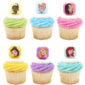 decopac disney princess gemstone rings, cupcake decorations featuring mulan, cinderella, tiana, belle, rapunzel and ariel, multicolored 3d food safe cake toppers – 24 pack