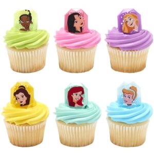 DecoPac Disney Princess Gemstone Rings, Cupcake Decorations Featuring Mulan, Cinderella, Tiana, Belle, Rapunzel and Ariel, Multicolored 3D Food Safe Cake Toppers – 24 Pack