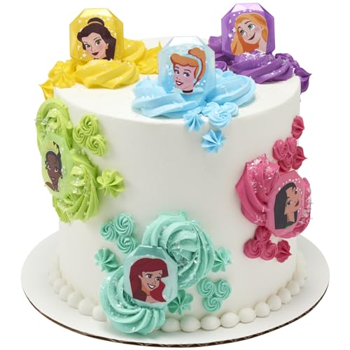 DecoPac Disney Princess Gemstone Rings, Cupcake Decorations Featuring Mulan, Cinderella, Tiana, Belle, Rapunzel and Ariel, Multicolored 3D Food Safe Cake Toppers – 24 Pack