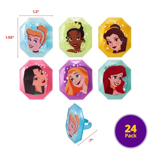 DecoPac Disney Princess Gemstone Rings, Cupcake Decorations Featuring Mulan, Cinderella, Tiana, Belle, Rapunzel and Ariel, Multicolored 3D Food Safe Cake Toppers – 24 Pack