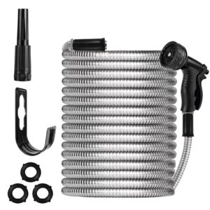 cuhbiv metal garden hose 50ft,stainless steel metal hose with 10 function nozzle, heavy duty collapsible water hose with hose holder,kink free & tangle free flexible garden hoses for outdoor