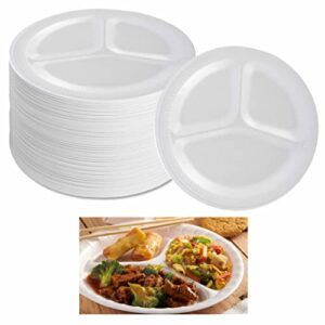 220 Ct Heavy Duty Foam Plates 3 Section Compartment White Soak Proof Bulk 8-7/8" Everyday Disposable Plate Dinner Soak Proof Divided Compartment Tray Eating Parties Events White Round Sturdy Strong