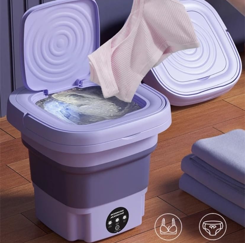 Mini Portable Folding Washing Machine For Clothes With Drain Basket for Travel (Purple)