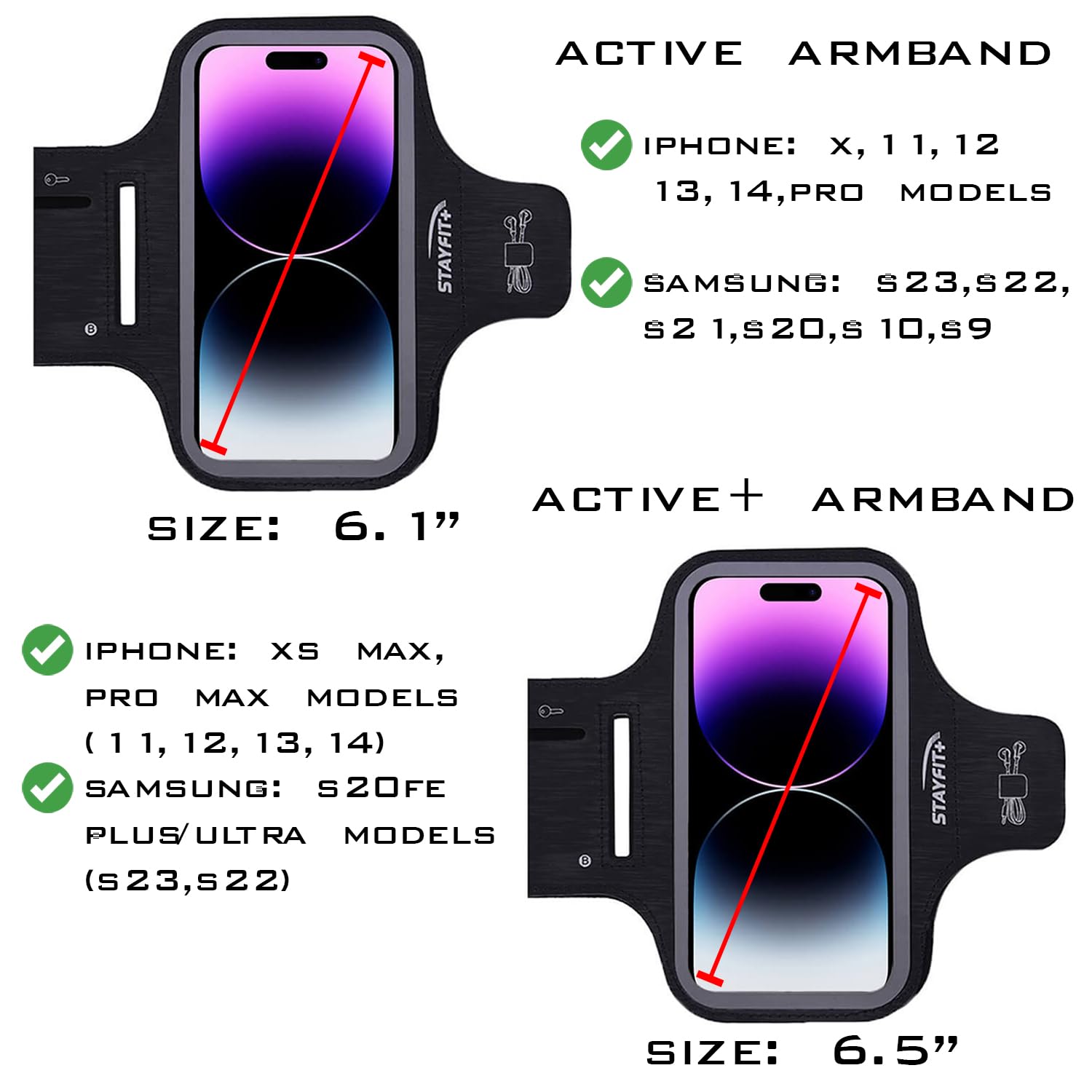 [3 Pack] Active+ Running Armband Cell Phone Holder, Water Resistant Adjustable Lightweight, Compatible iPhone 14/13/12/11/SE/X Samsung S23/S22/S21/S20 Great for Sports, Hiking, and Biking (Black)