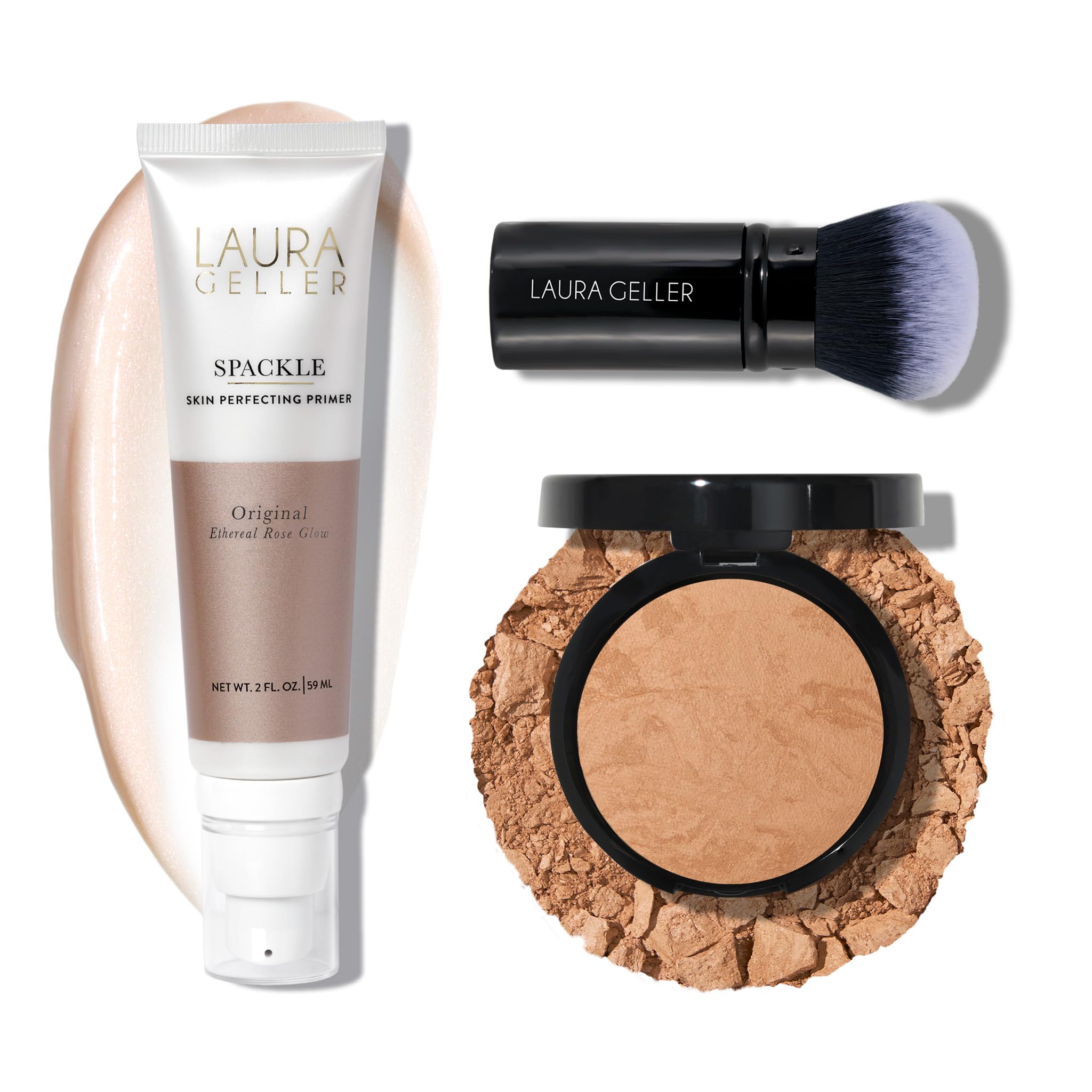 LAURA GELLER NEW YORK Baked Balance-n-Brighten Powder Foundation - Golden Medium + Spackle Super-Size Skin Perfecting Makeup Primer - Ethereal Rose Glow + Retractable Airbrush Kabuki Brush