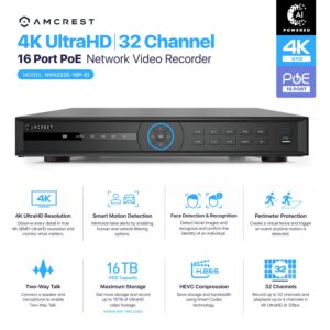 Amcrest 4K 32-Channel AI NVR (16-Port PoE) Smart NVR, Facial Recognition, Facial Detection & Vehicle Detection - Supports 32 x 4K IP Cameras, Supports up to 2 x 16TB HDD (Not Included) NV4232E-16P-EI