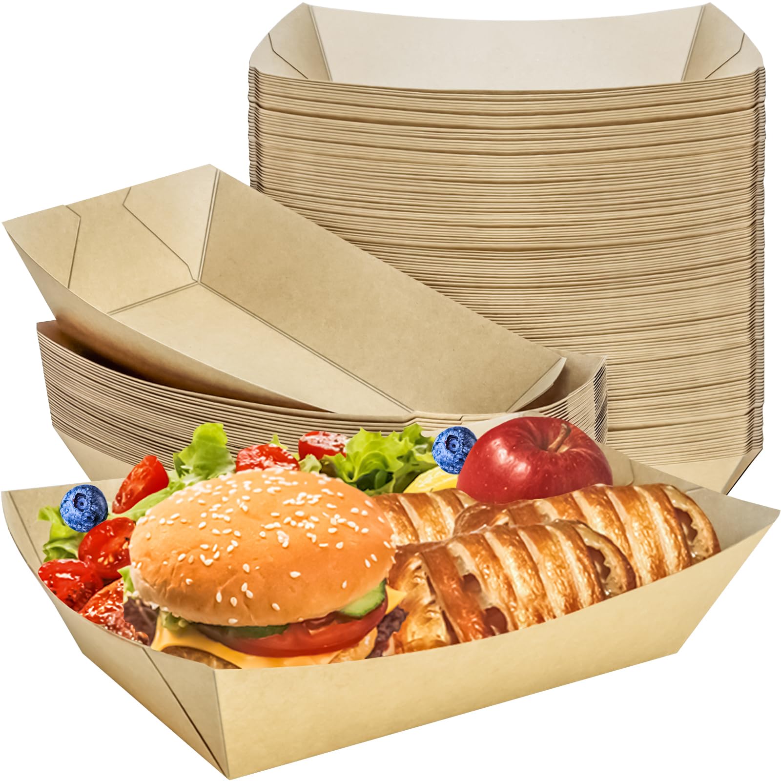 MotBach 50 Pack 5LB Extra Large Paper Food Boats Trays Disposable Paper Boats, Heavy Duty Food Boats, Paper Food Serving Tray Boat Basket for Snacks Sandwich Burgers Popcorns Tacos BBQ Fries Nachos