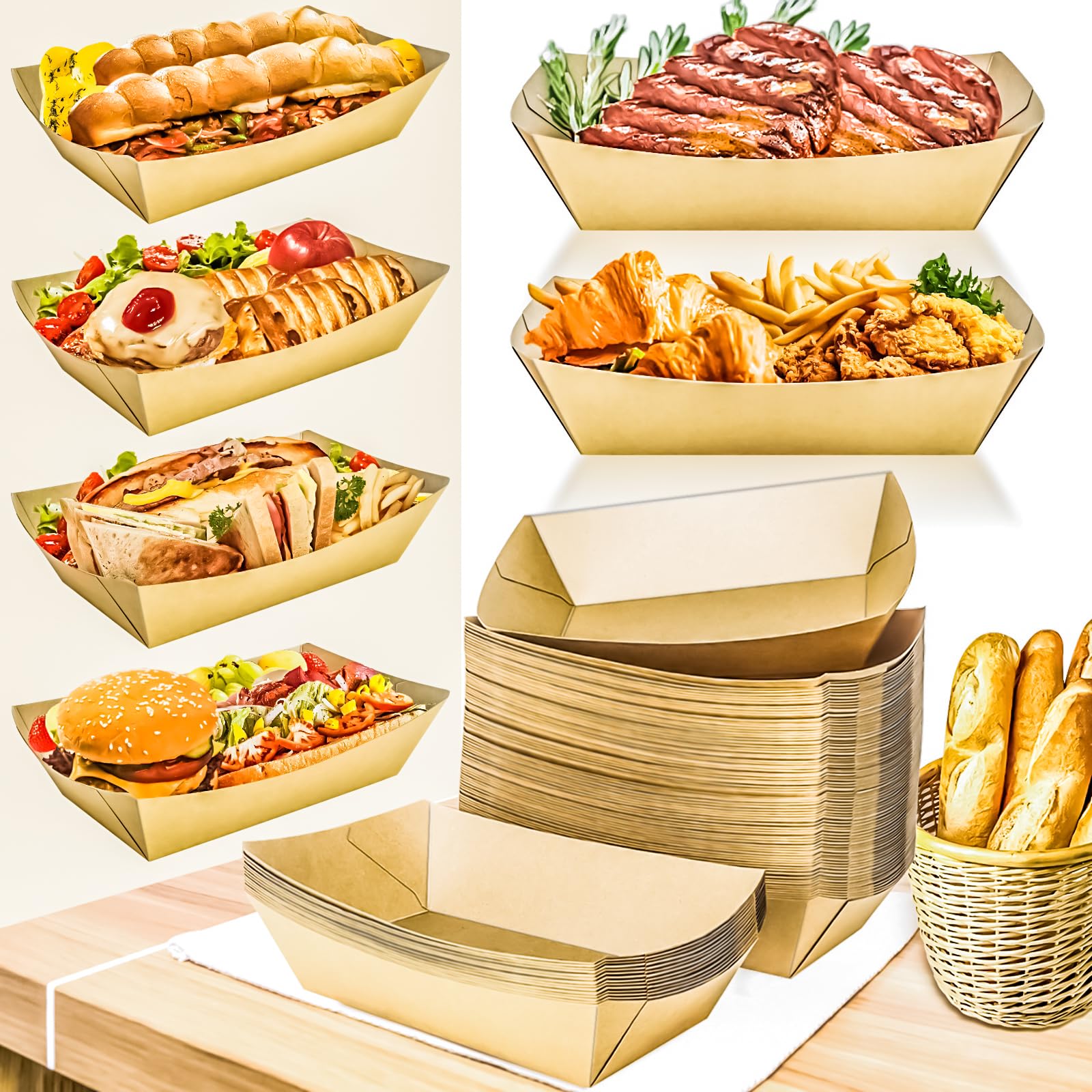 MotBach 50 Pack 5LB Extra Large Paper Food Boats Trays Disposable Paper Boats, Heavy Duty Food Boats, Paper Food Serving Tray Boat Basket for Snacks Sandwich Burgers Popcorns Tacos BBQ Fries Nachos